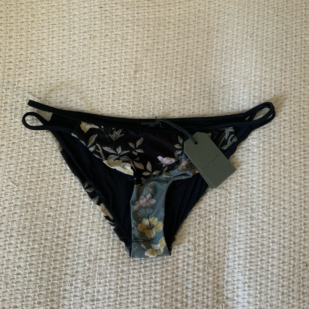 NWT AllSaints Black Tropical Floral Orchid Bikini Swim Bottoms Size Large